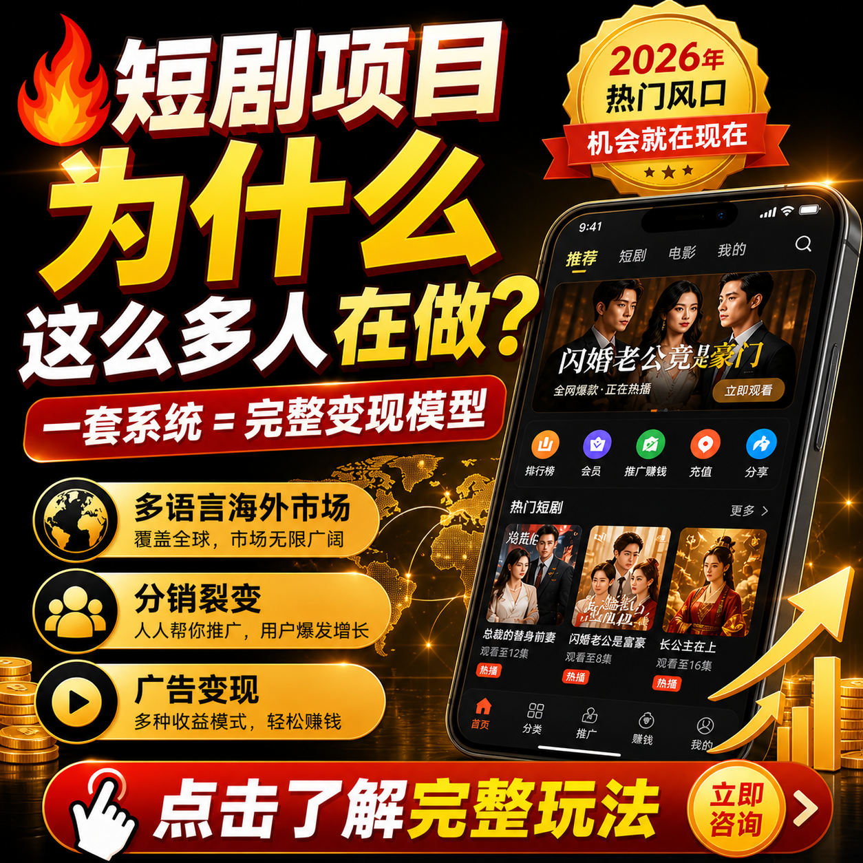 一套系统搞定短剧变现：涵盖广告收益、会员付费与推广分销，开启躺赚运营模式